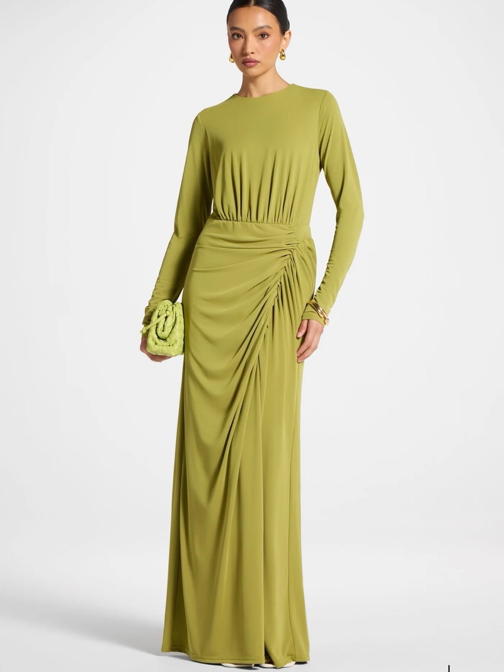 Elegant Green Long Sleeve Faux Wrap Ruched Maxi Dress | Veiled Collection